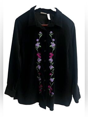Cascade Blue Black Floral Embroidered Button Up Blouse Jacket 1X Cottagecore
